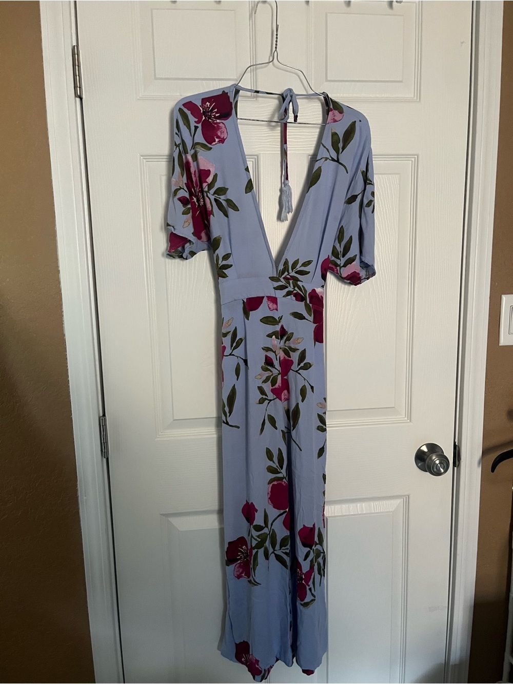 Light Blue Floral Maxi Jumpsuit with Deep V-Neck